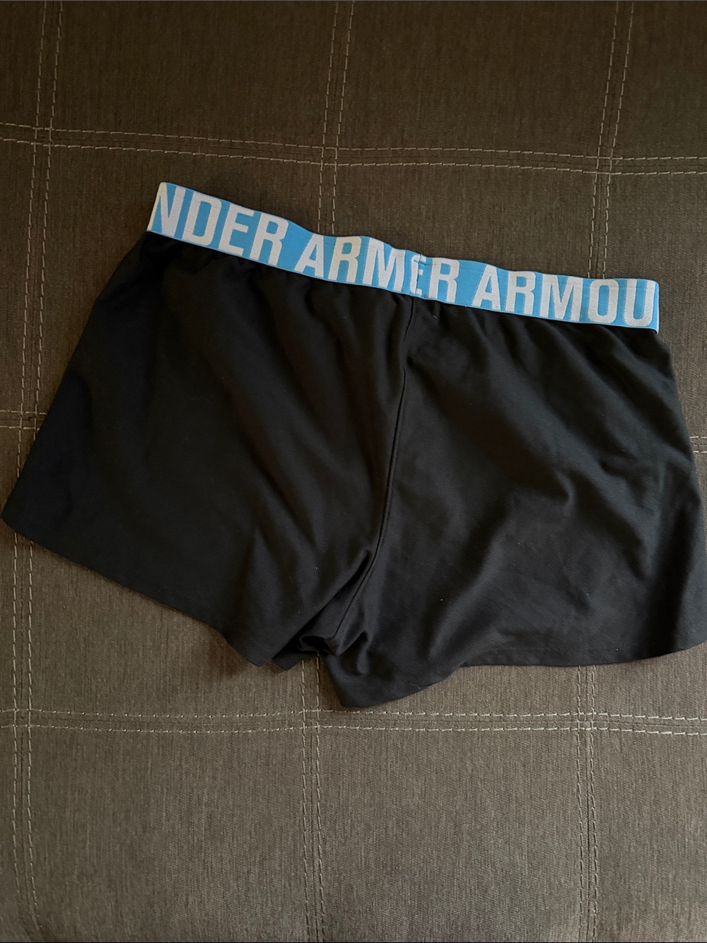 Under Armour Women's Black Athletic Shorts with Light Blue Logo Waistband - Picture 3 of 3